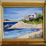 A19. Mindy Reasonover beach scene oil painting on canvas. Canvas: 11” x 14” Frame: 15.5” x 18.5” 